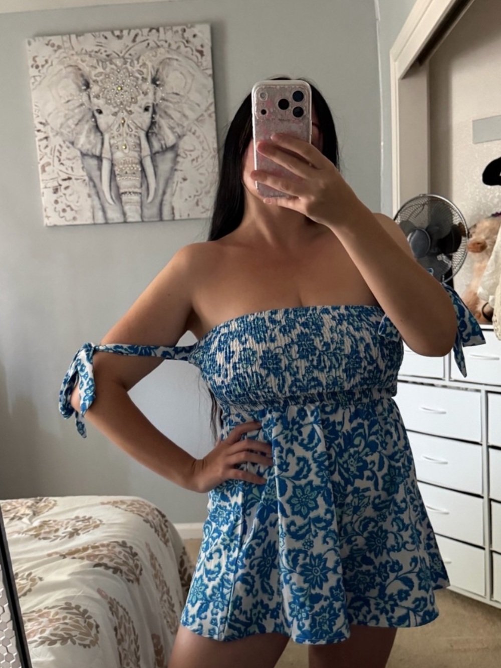 SHEIN Blue & White Paisley Floral Boho Smocked Flowy Strapless Romper S Small